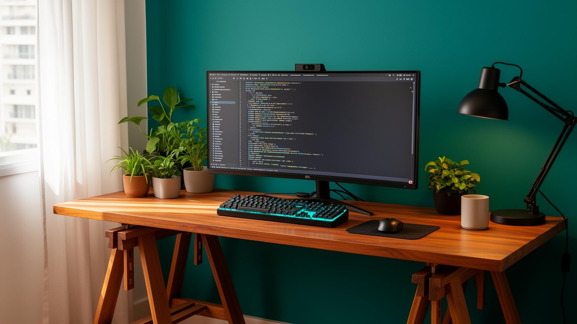 Setup home office com mesa de madeira, monitor ultrawide e parede turquesa